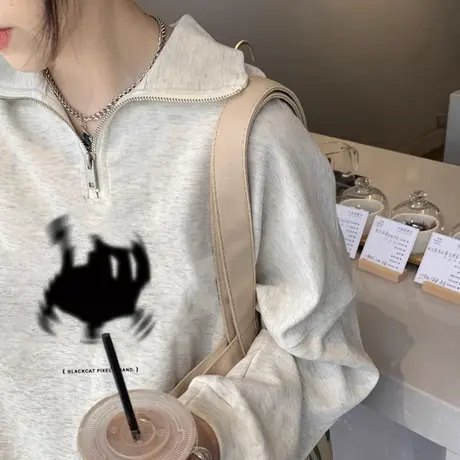 polo领拉链卫衣女小众设计感春秋薄款宽松慵懒风oversize套头上衣商品大图