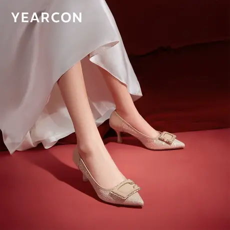 意尔康女鞋2024春季女士单鞋网纱高跟细跟尖头气质婚纱两穿新娘鞋商品大图