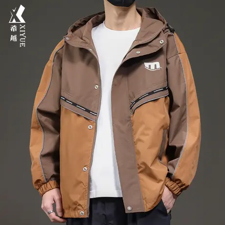 希越反光条设计连帽夹克男2024春季新款宽松大码梭织刺绣风衣外套商品大图