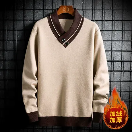 加绒男士毛衣时尚休闲2023冬季加厚保暖V领毛线衣打底针织衫男装商品大图