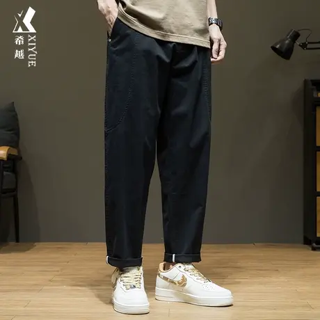 希越夏季薄款男士休闲裤2024新款纯棉锥形裤子宽松大码黑色九分裤商品大图