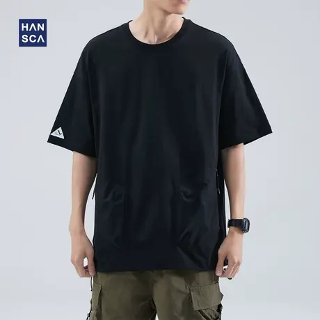 hansca 黑色短袖t恤男款宽松纯棉夏季休闲潮牌痞帅设计感口袋体恤商品大图