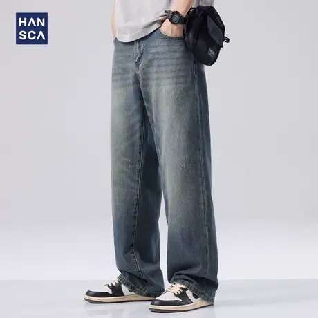 hansca休闲直筒牛仔裤男春季新款美式潮牌做旧青少年宽松长裤子潮商品大图