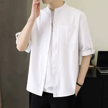 中国风七分袖立领衬衫男仿棉麻亚麻加肥加大码男装上衣服潮流衬衣图片