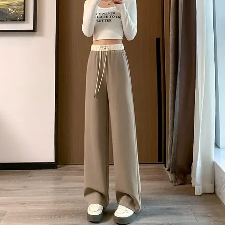 美式卡其运动裤女2024年春秋新款阔腿裤女垂感直筒拖地休闲卫裤子图片