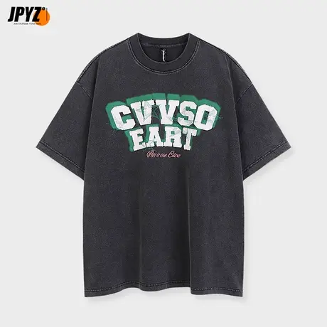 嘻哈美式短袖打底衫水洗纯棉T恤夏季复古半袖字母印花衣服上衣男商品大图