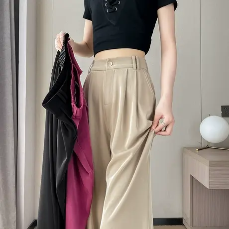 卡其西装裤女春夏新款高腰宽松垂感拖地小个子窄版休闲直筒阔腿裤商品大图