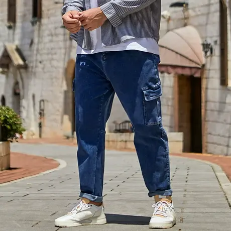 胖哥哥大码牛仔裤男加肥加大松紧腰宽松春秋季口袋工装风直筒长裤商品大图