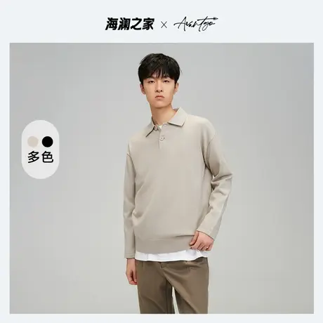 HLA/海澜之家先锋翻领长袖针织衫秋季宽松黑色商务POLO领毛衫男图片