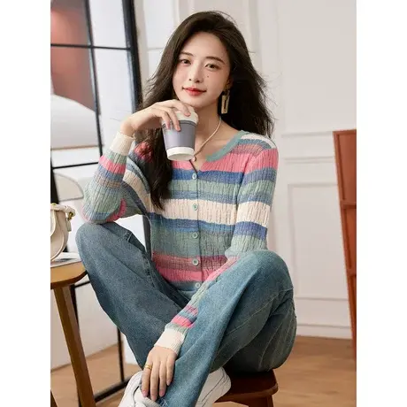 时尚气质长袖针织衫2023年秋季新款淑女温柔条纹修身显瘦通勤上衣商品大图