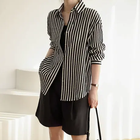 嘉茱莉2023年秋装新款条纹女士衬衫韩系时髦上衣复古港味衬衣外套图片