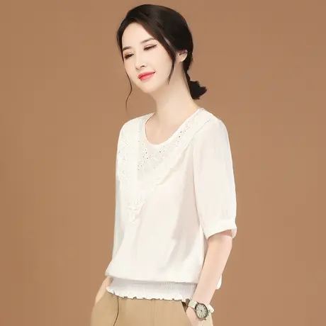 韩潮袭人圆领白色镂空雪纺衫女2023夏季新款显瘦蕾丝短袖T恤上衣图片