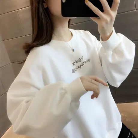 时尚字母刺绣圆领卫衣女套头2023年春秋季新款女装学院风百搭上衣商品大图