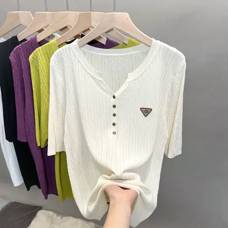v领冰丝针织衫女2023春夏秋新款宽松麻花外穿上衣中袖薄款t恤衫潮图片
