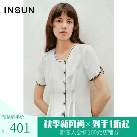 恩裳2023年夏季新款时尚撞色方领衬衫复古金属扣优雅上衣图片