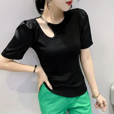 短袖女夏2023新款性感镂空泡泡袖T恤衫设计感小众链条上衣半袖潮图片