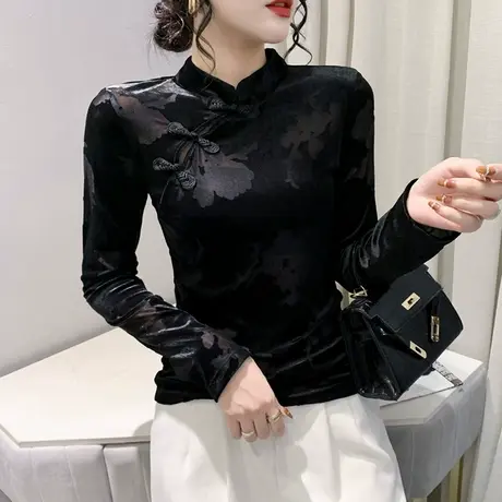 复古国风金丝绒打底衫女春秋时尚盘扣立领上衣网纱拼接长袖T恤ins图片