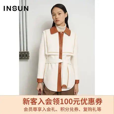 恩裳商场同款冬季时尚经典撞色拼接腰带束腰舒适毛呢外套图片