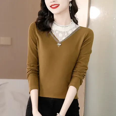 2023春秋季新款加厚德绒半高领打底衫女内搭蕾丝长袖大码修身小衫商品大图