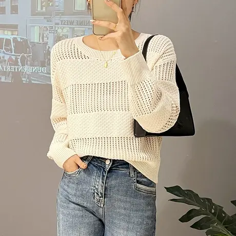 镂空针织打底衫女秋季2023秋装圆领宽松薄款长袖短款内搭春秋上衣商品大图
