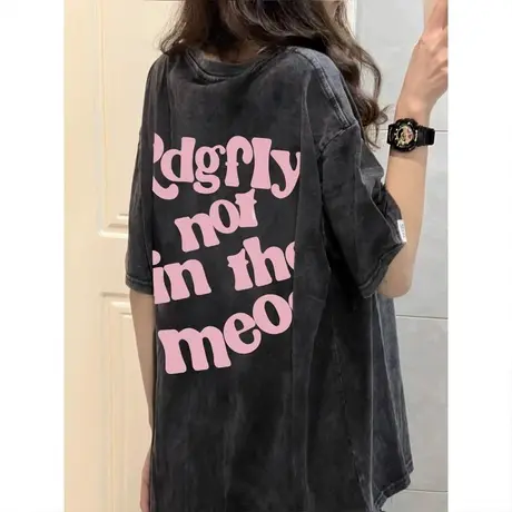 夏季新款英文字母印花水洗做旧重磅t恤下半身失踪上衣短袖美式ins商品大图