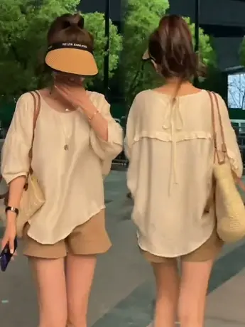 宽松七分袖薄款夏季小衫女后背荷叶木耳边防晒衬衫蝙蝠袖百搭上衣图片