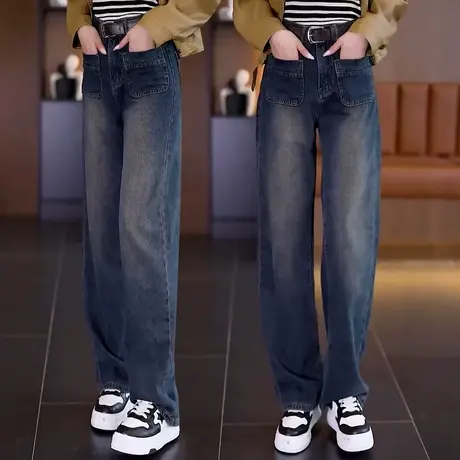 网红牛仔阔腿裤女秋季高腰显瘦复古大码直筒裤胖MM宽松时尚拖地裤图片