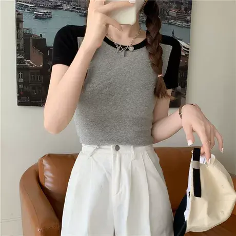 美式正肩t恤女短袖2023夏季新款百搭撞色修身显瘦插肩袖短款上衣图片