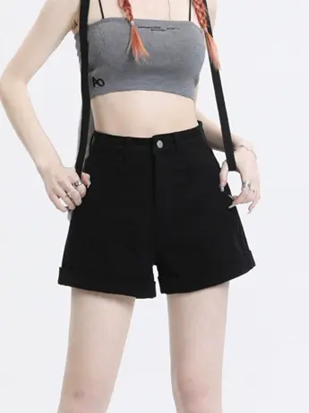 百搭复古高腰翻边纯色A字牛仔短裤女2023夏新款宽松阔腿牛仔短裤商品大图