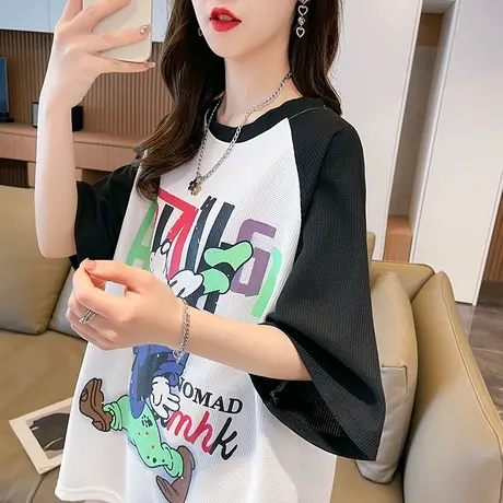 小众设计感短袖t恤女2023新款夏季韩版宽松大码撞色可爱百搭上衣图片