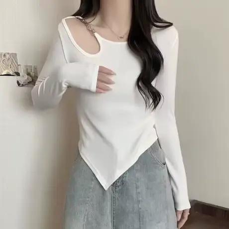 不规则下摆磨毛长袖T恤女秋季设计感小众短款小个子德绒打底上衣商品大图