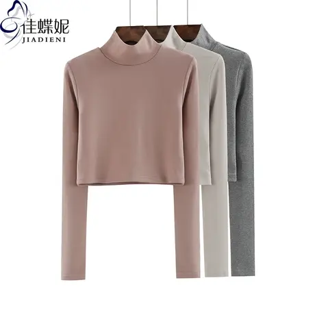 秋季新款韩版半高领修身纯色短款高腰长袖体恤上衣内搭打底衫女装商品大图