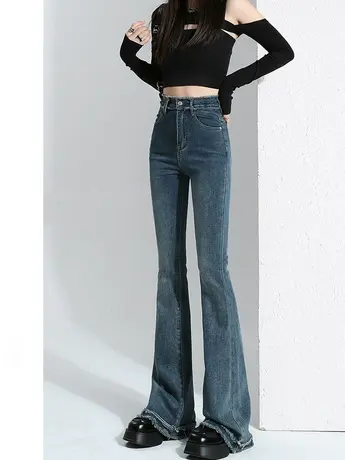 毛边直筒牛仔裤女春秋冬2023新款美式高街复古显瘦马蹄微喇叭裤子图片