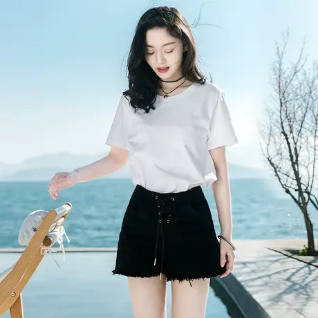 西子美丽心情2023春夏新款韩版短袖T恤白色圆领宽松上衣打底衫图片