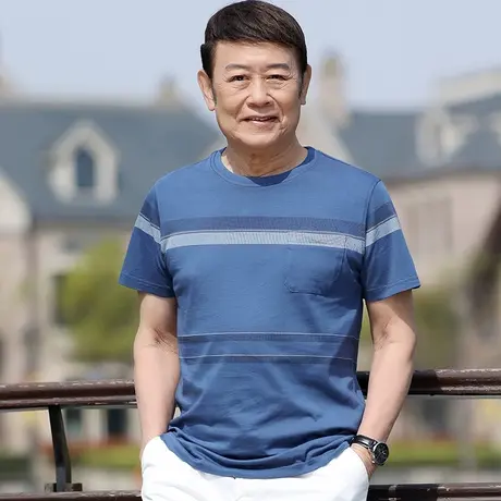 中年男士短袖t恤纯棉圆领夏季爸爸装条纹半袖休闲体恤老人polo衫商品大图