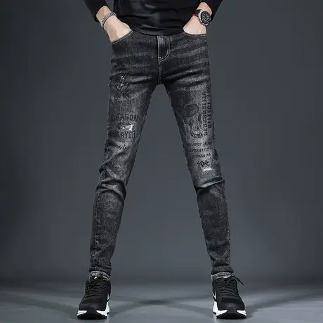 潮牌印花牛仔裤男款修身小脚秋冬季新款破洞补丁帅气男士裤子黑色商品大图