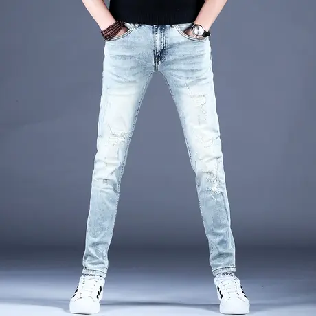 2023男士新款牛仔裤子简约修身破洞小脚裤春夏棉弹百搭男潮牌休闲商品大图