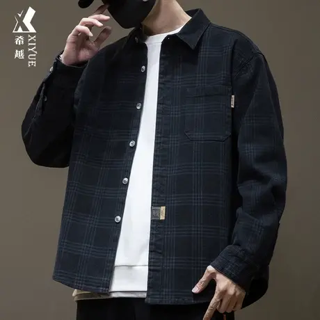 希越潮流格子长袖衬衫男翻领衬衣秋冬胖子特大码加肥加大加绒外套商品大图