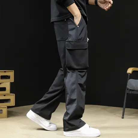 黑色拼接休闲工装裤男士潮牌23新款宽松直筒阔腿运动裤子秋款男裤商品大图