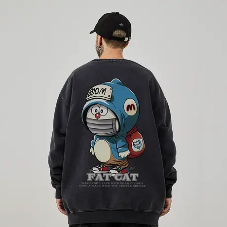 日系卡通重磅圆领大码嘻哈oversize潮牌无帽胖子卫衣男春秋冬季商品大图