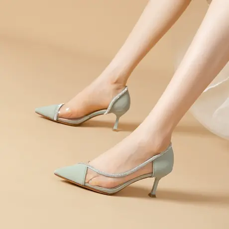 透明水钻浅口单鞋女细跟2023年春季新款性感百搭仙女风尖头高跟鞋商品大图