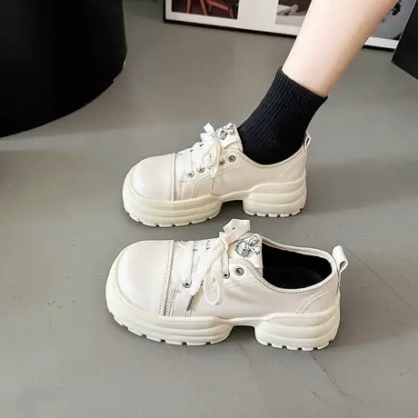 厚底小白鞋女小众设计感轻便粗跟增高时尚休闲鞋2023秋新款小皮鞋图片