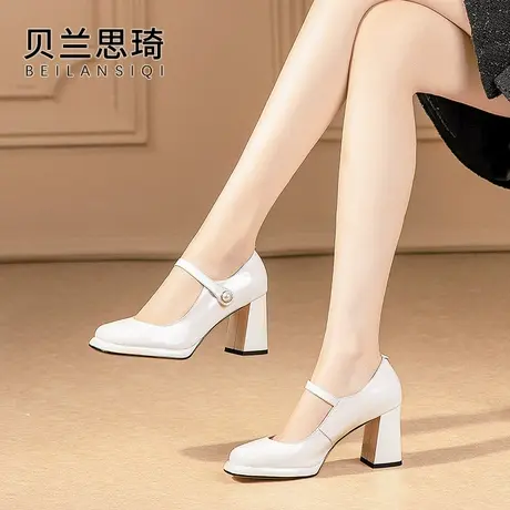 真皮圆头厚底粗跟单鞋女2023春秋季新款一字带防水台高跟鞋图片