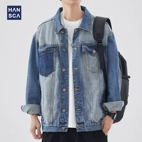 hansca翻领长袖牛仔外套男春季新款潮牌水洗设计感青少年休闲夹克图片
