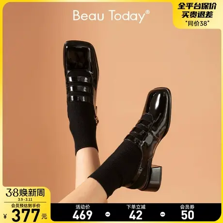 BeauToday方头玛丽珍鞋女春秋中跟粗跟法式复古小皮鞋包头凉鞋BT图片
