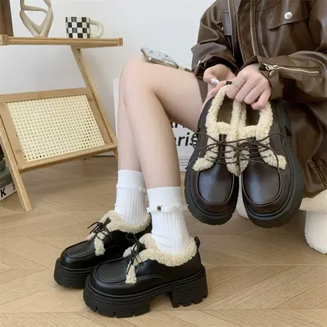 英伦风乐福鞋女2024年秋冬季新款配裙子jk加绒单鞋粗跟厚底小皮鞋图片