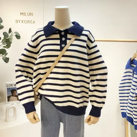 韩国东大门毛衣2021秋装新款复古百搭Polo领翻领条纹针织衫打底衫图片