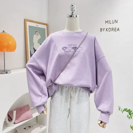 2022秋季新款上衣韩版ins亮片爱心长袖圆领卫衣宽松百搭显瘦休闲商品大图