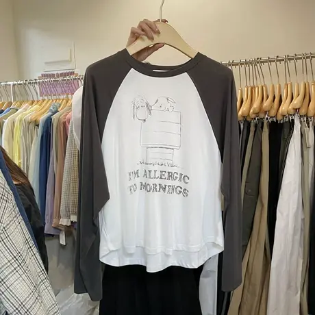 2023早秋新款韩版卡通式印花插肩长袖T恤上衣女潮百搭打底衫上衣图片