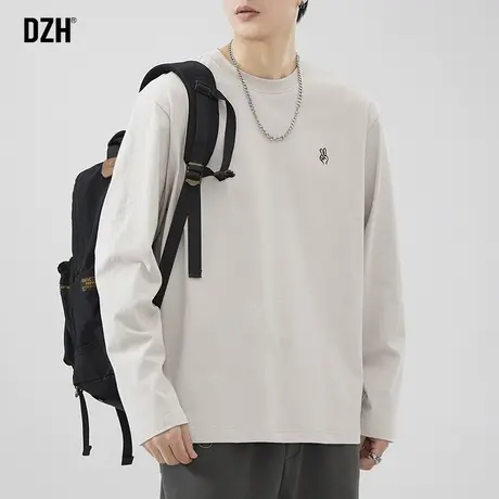 男士秋衣美式纯棉t恤男长袖宽松圆领杏色上衣内搭衣服新款打底衫商品大图